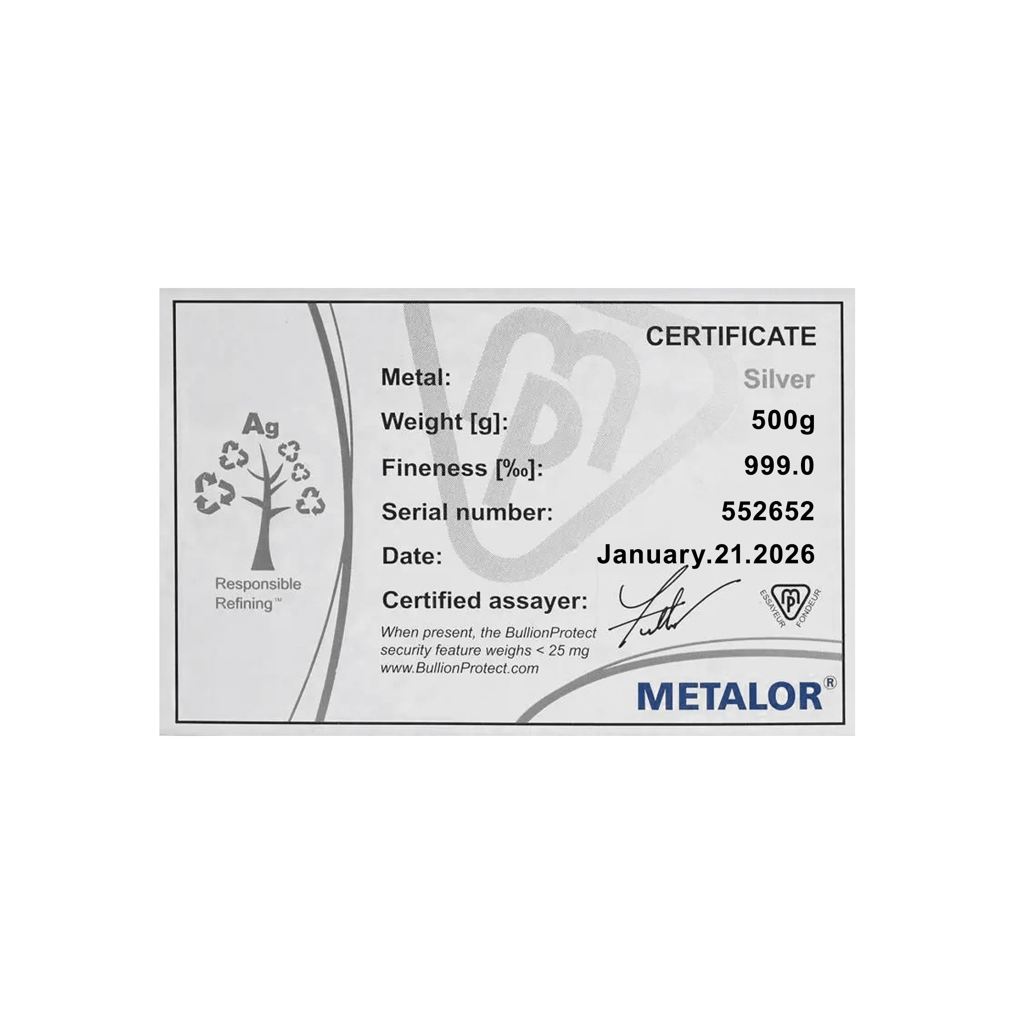 500 Gram Metalor Swiss Silver Bar